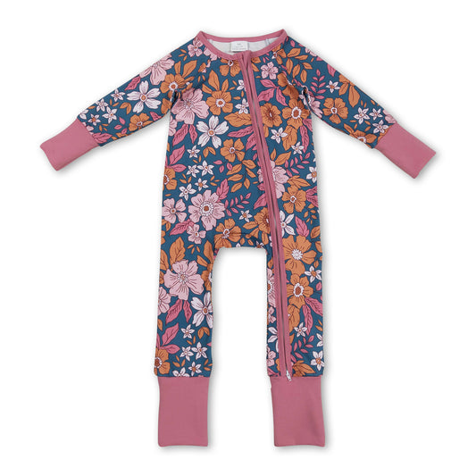 Long sleeves floral baby girls zipper fall romper