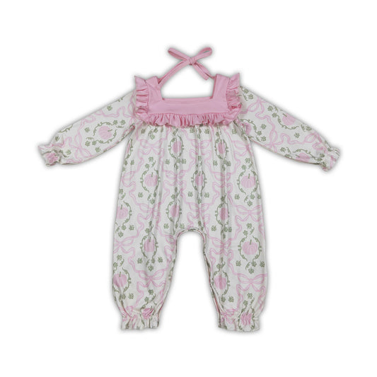 Long sleeves pink bow pumpkin baby girls fall romper