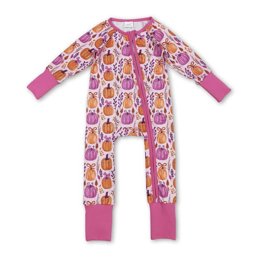 Long sleeves pumpkin bow baby girl zipper romper ship from US
