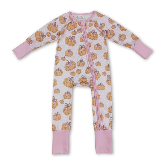 Long sleeves pumpkin pink bow baby girl zipper romper ship from US