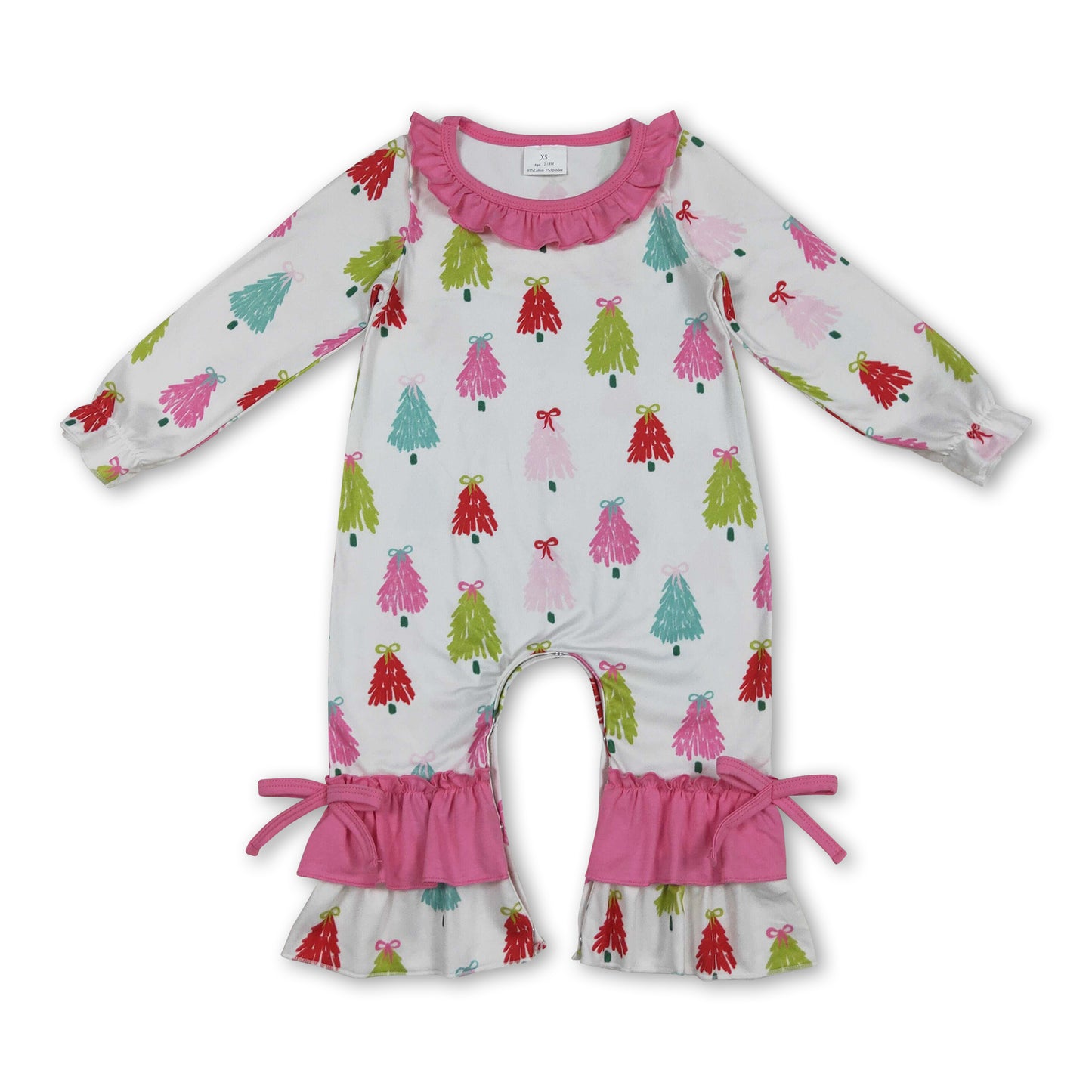 Pink ruffle long sleeves colorful Christmas tree girls romper