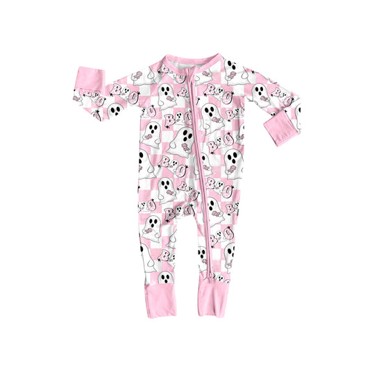 Pink plaid ghost boo baby girls zipper Halloween romper