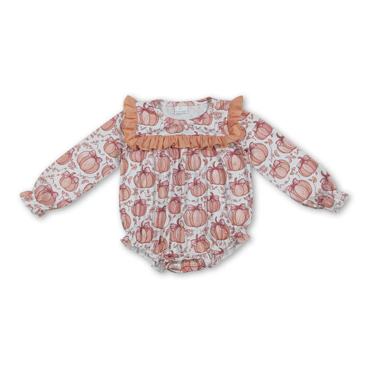 Ruffle long sleeves pumpkin bow baby girls fall romper
