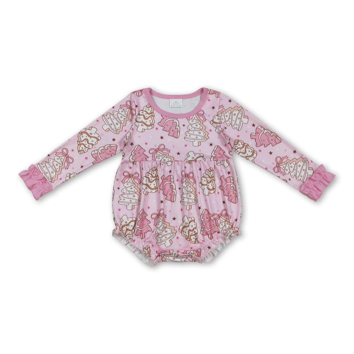 Long sleeves pink bow Christmas tree cake girls romper