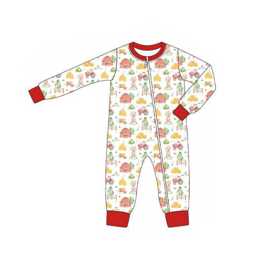 Red long sleeves tractor baby kids farm zipper romper