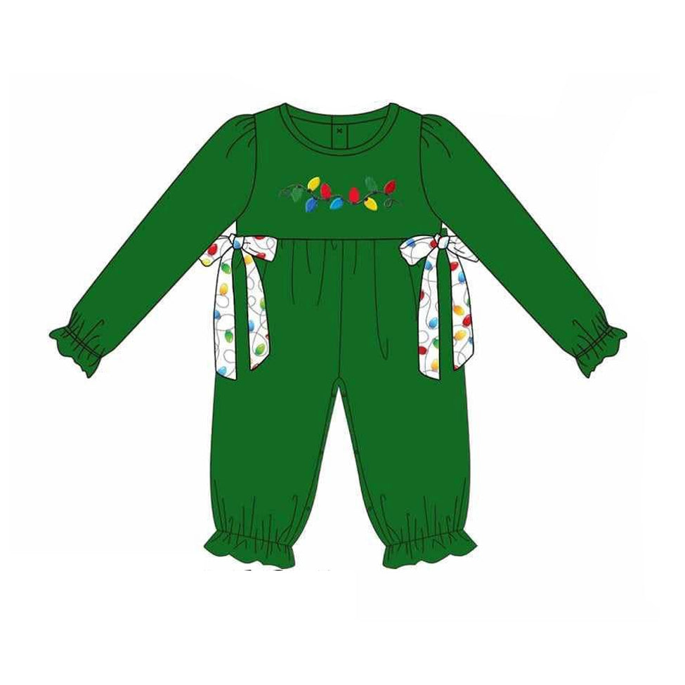 Green long sleeves Christmas lighting bow girls romper
