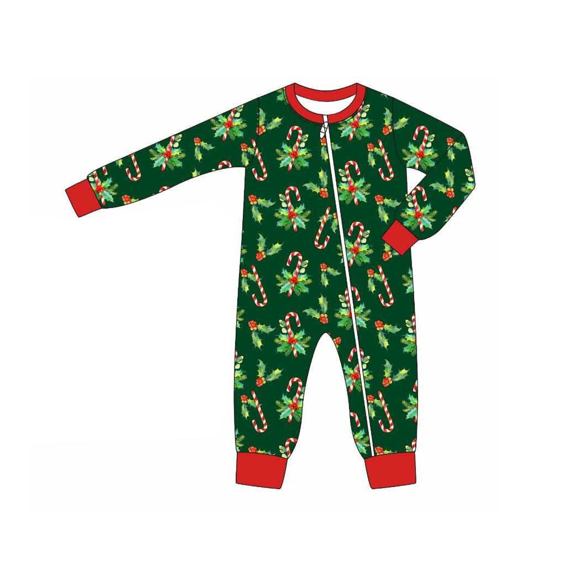 Red holly candy cane baby boys Christmas zipper romper