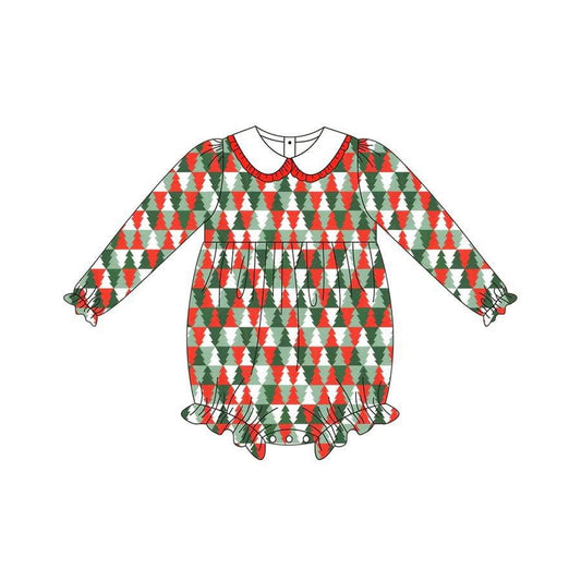 Long sleeves red green Christmas tree baby girls romper