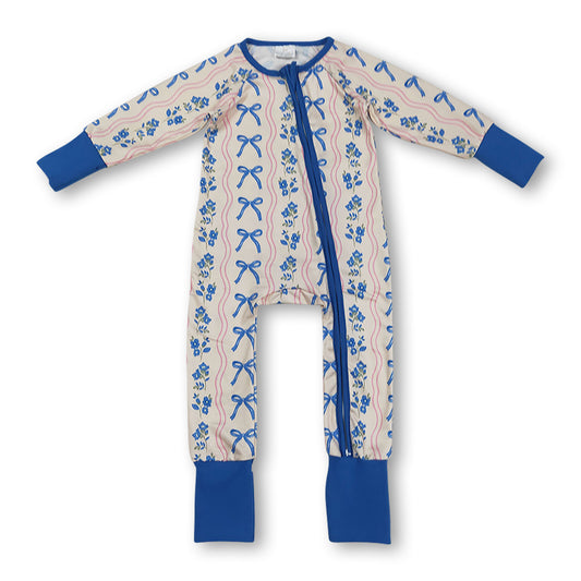 Long sleeves blue bow floral baby girls zipper romper