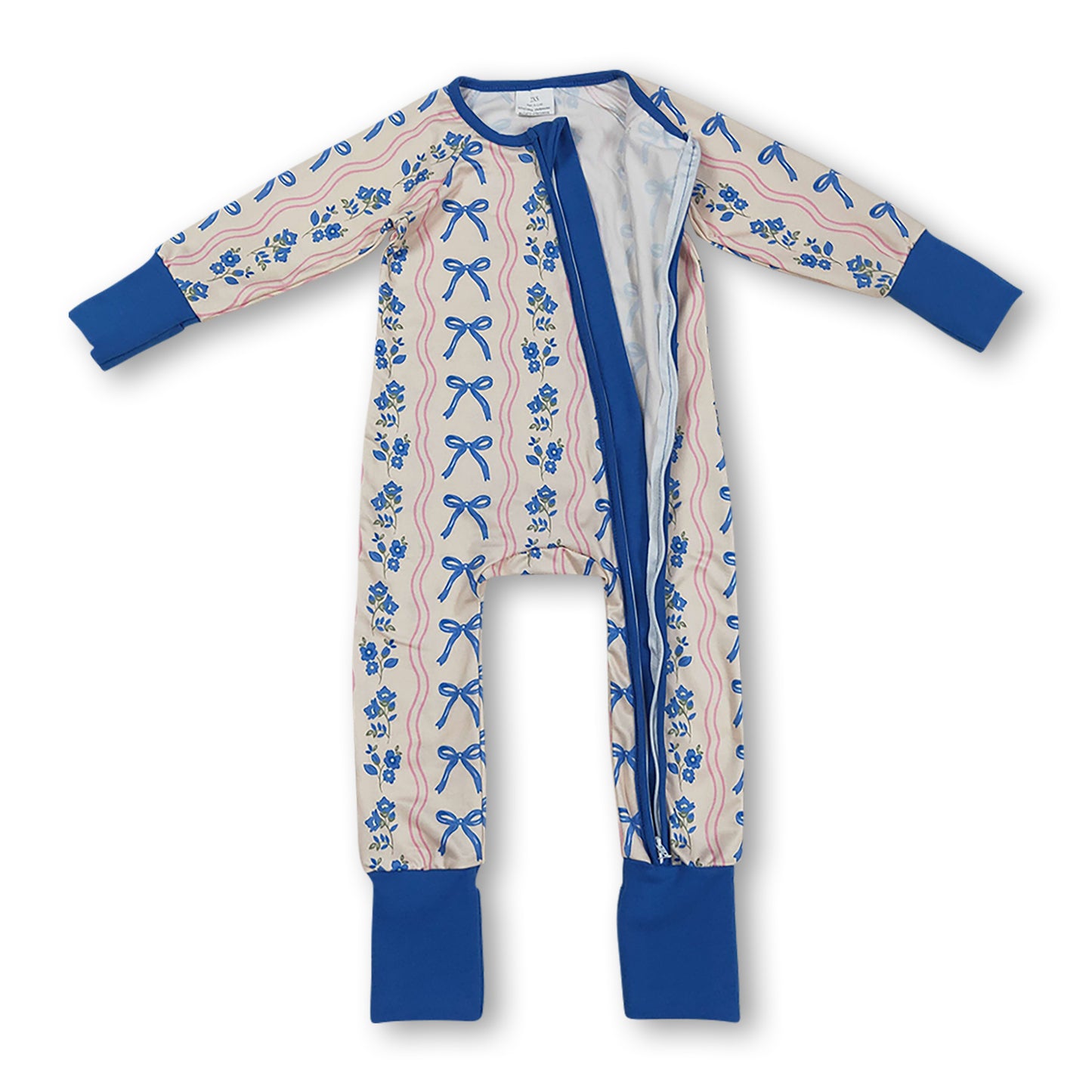 Long sleeves blue bow floral baby girls zipper romper