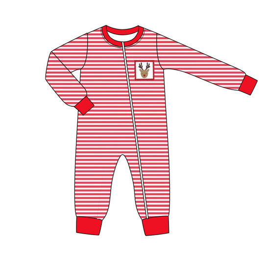 Long sleeves stripe deer baby boys Christmas zipper romper