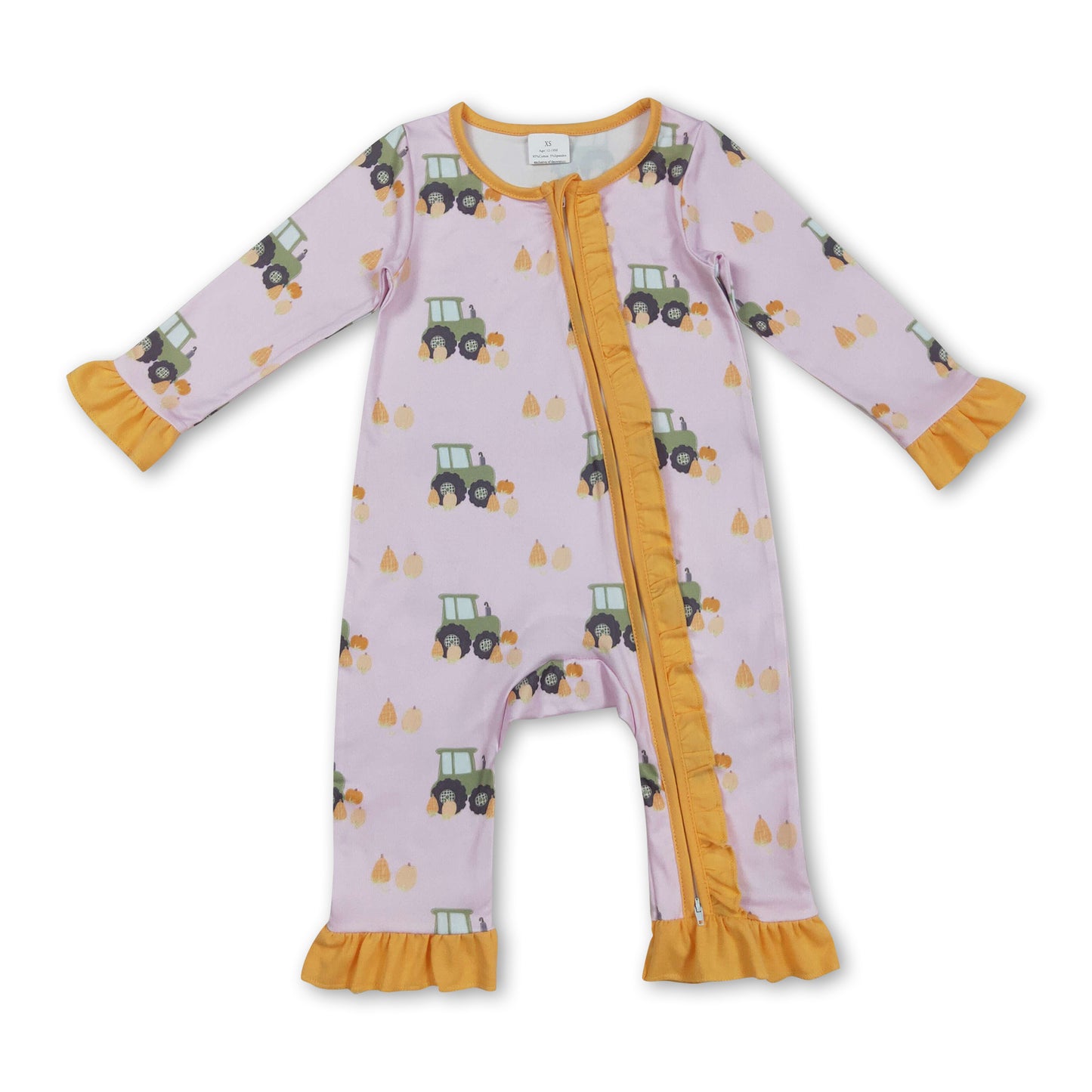 Ruffle pink pumpkin tractor baby girl fall zipper romper