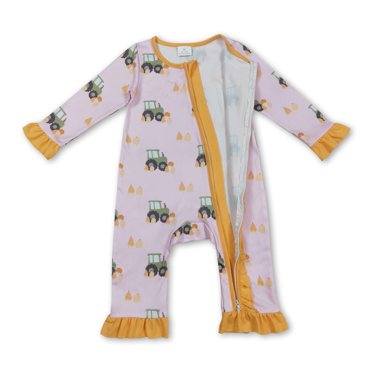 Ruffle pink pumpkin tractor baby girl fall zipper romper