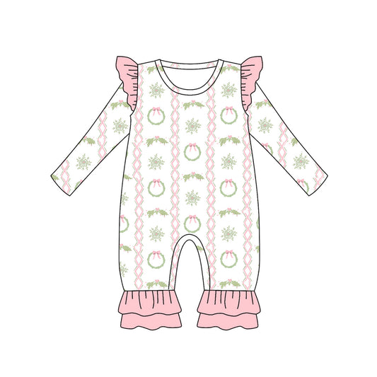 Long sleeves pink bow ornaments baby girls Christmas romper
