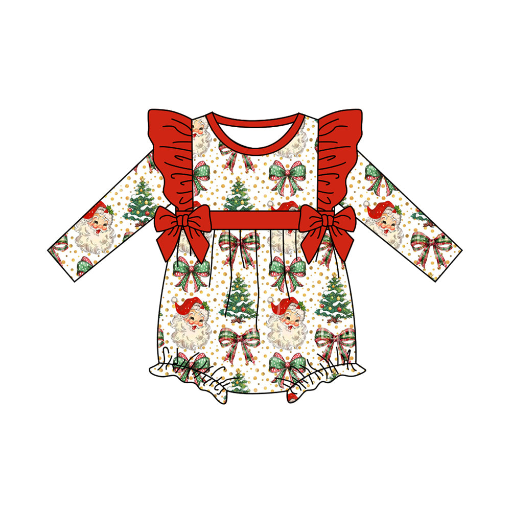 Long sleeves santa bow Christmas tree baby girls romper