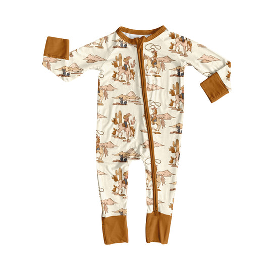Brown long sleeves cactus rodeo western baby romper