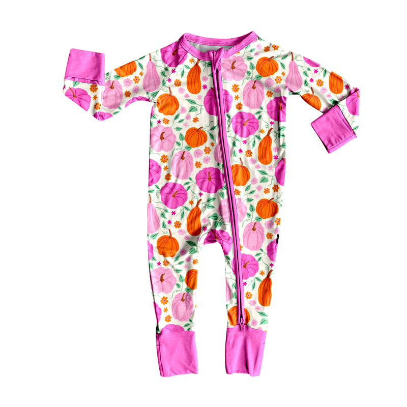 Hot pink long sleeves pumpkin baby girls fall zipper romper