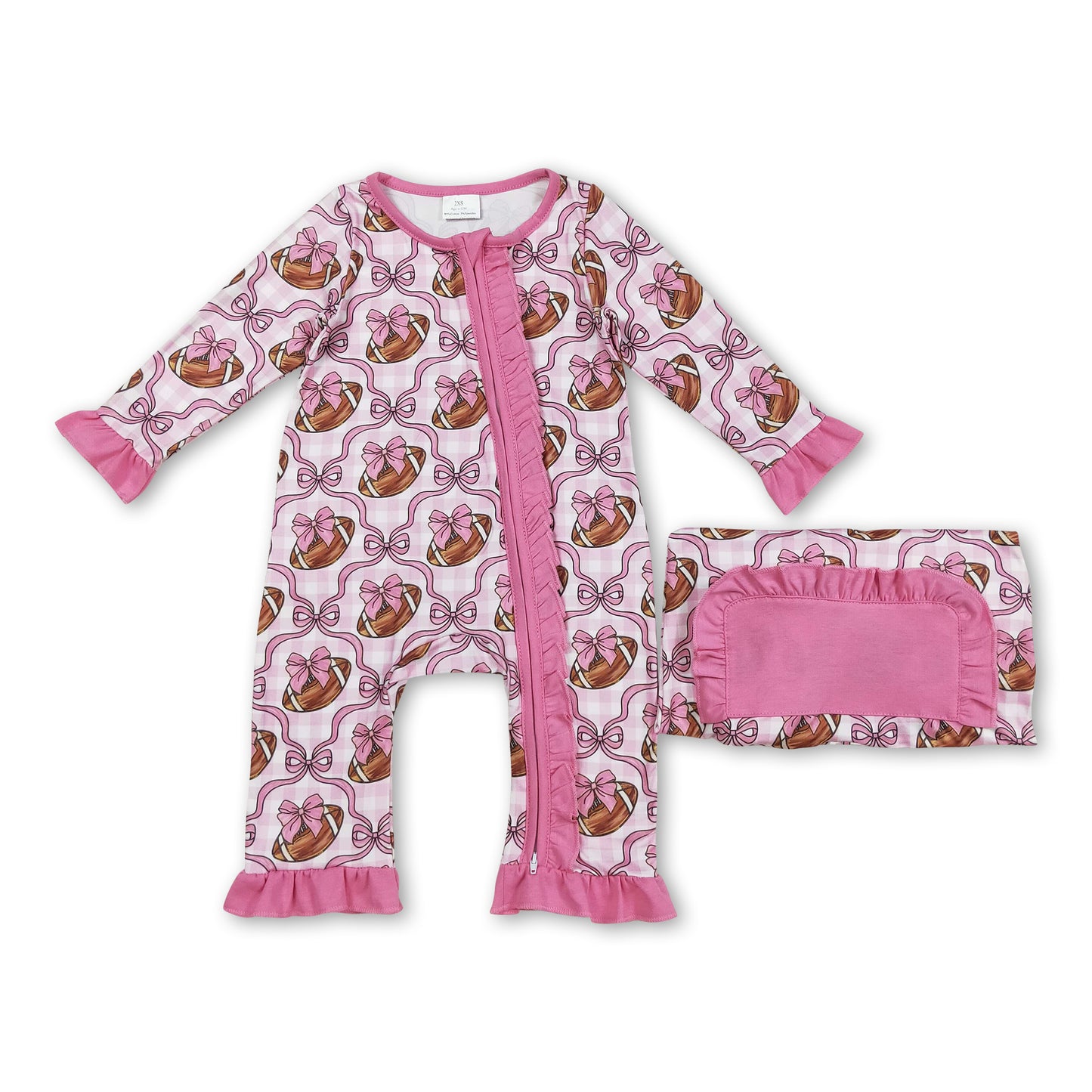 Pink ruffle long sleeves football bow baby girls zipper romper