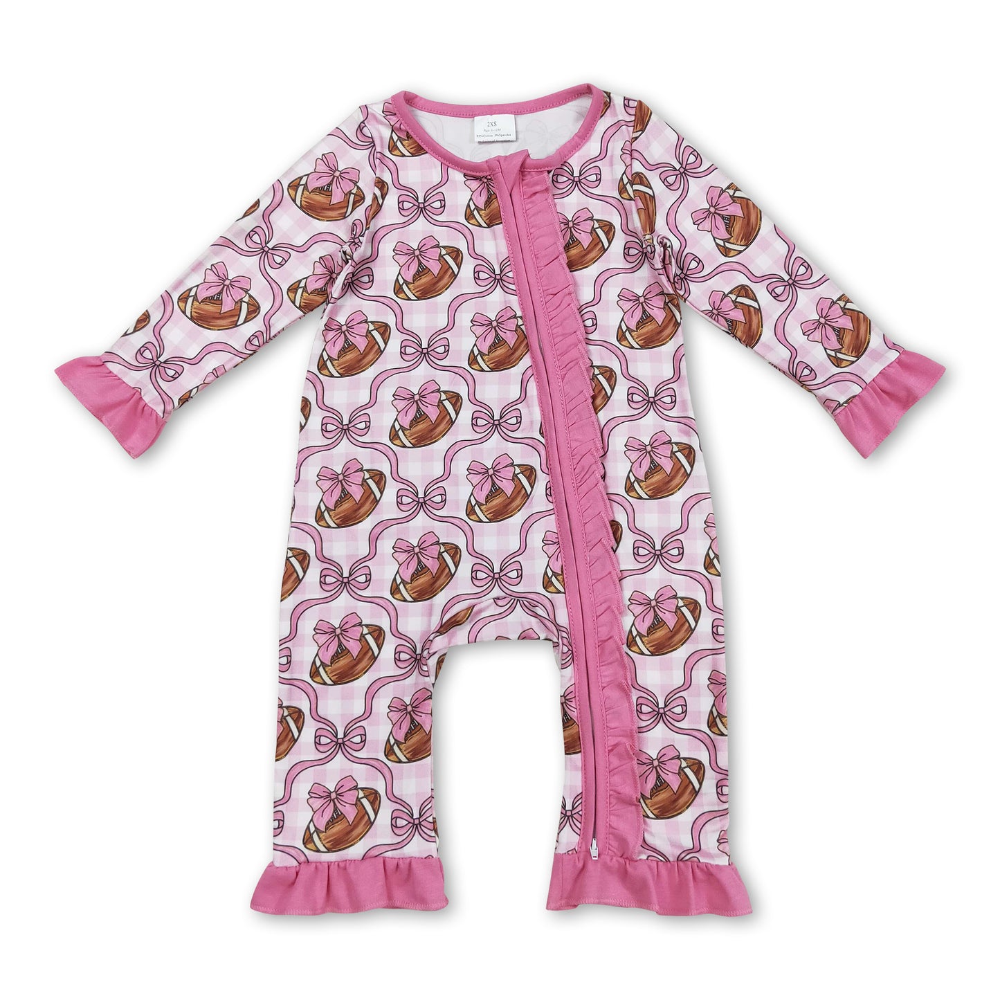 Pink ruffle long sleeves football bow baby girls zipper romper