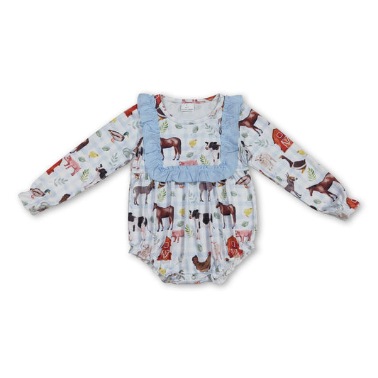 Light blue long sleeves plaid baby girls farm romper ship from US
