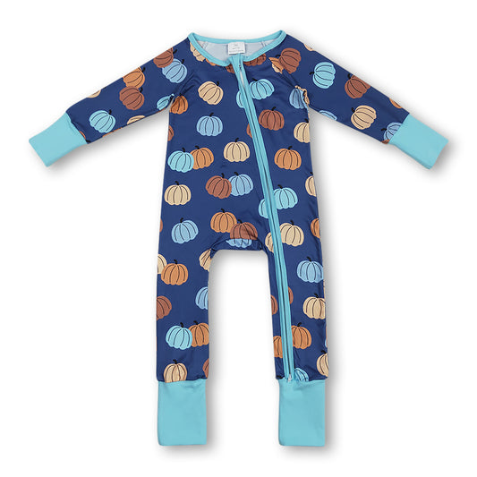Blue long sleeves pumpkin baby boy fall zipper romper