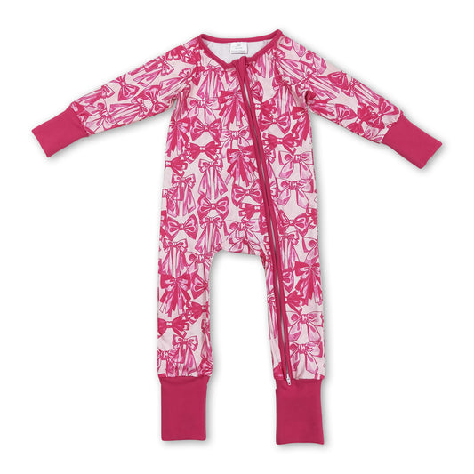 Long sleeves hot pink bow baby girls zipper romper