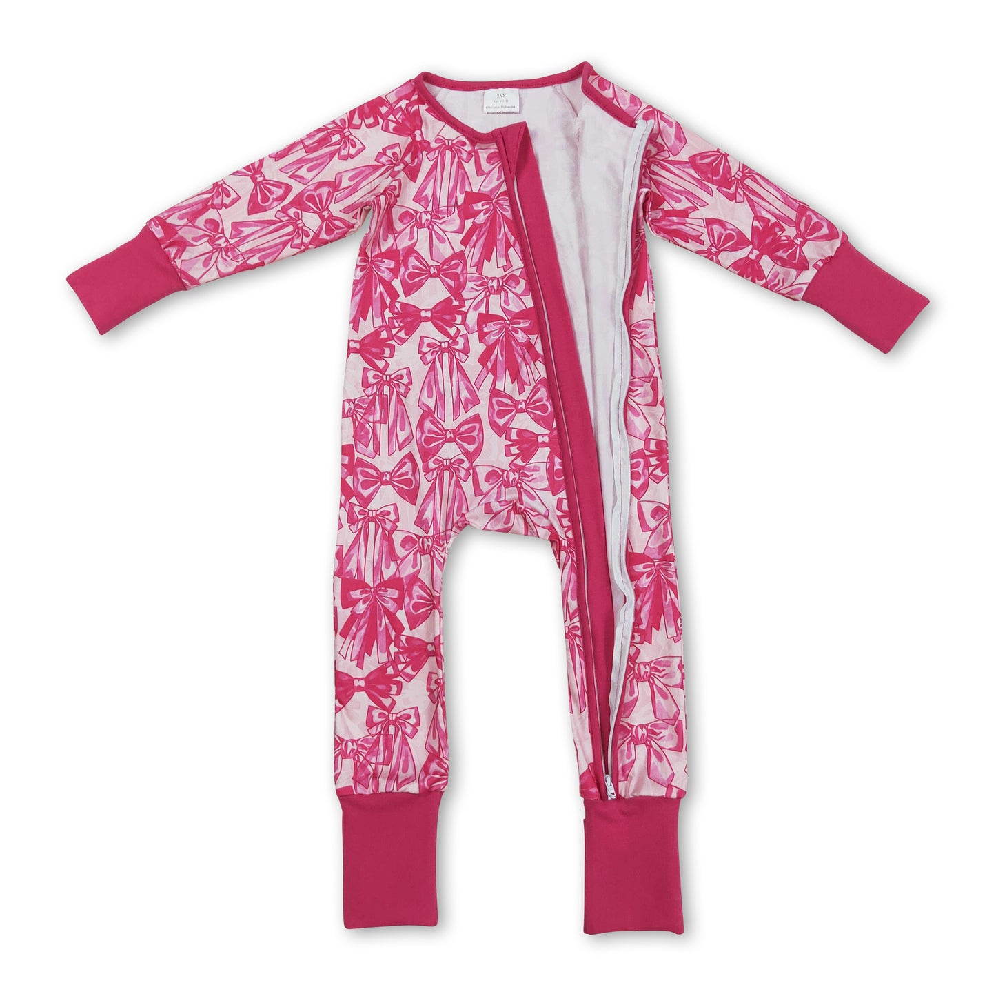 Long sleeves hot pink bow baby girls zipper romper