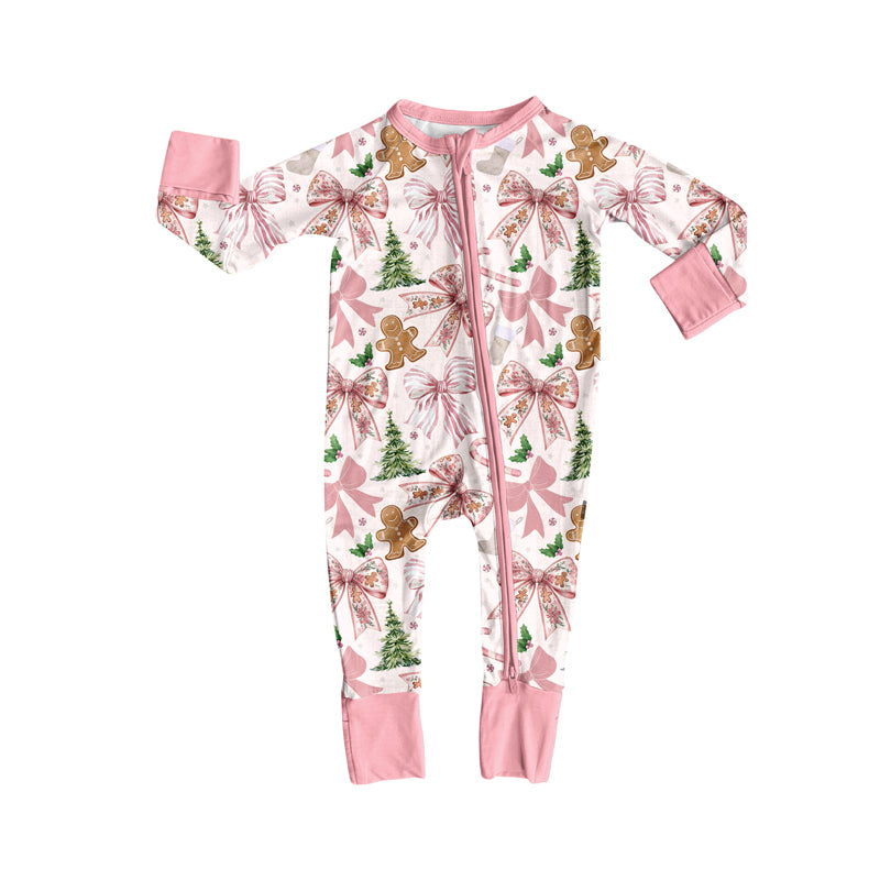 Pink bow gingerbread baby girls Christmas zipper romper