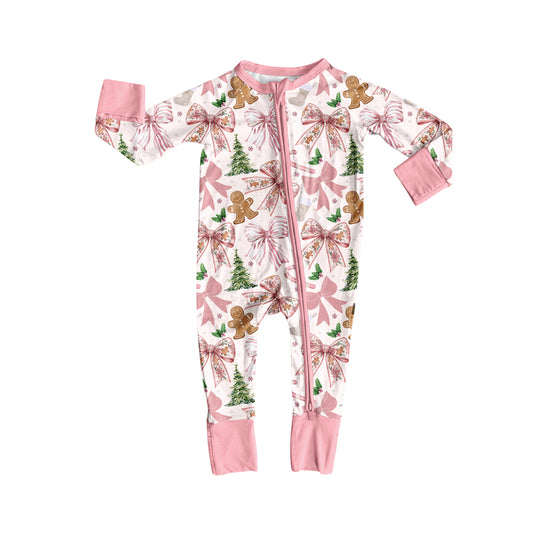 Pink bow gingerbread baby girls Christmas zipper romper