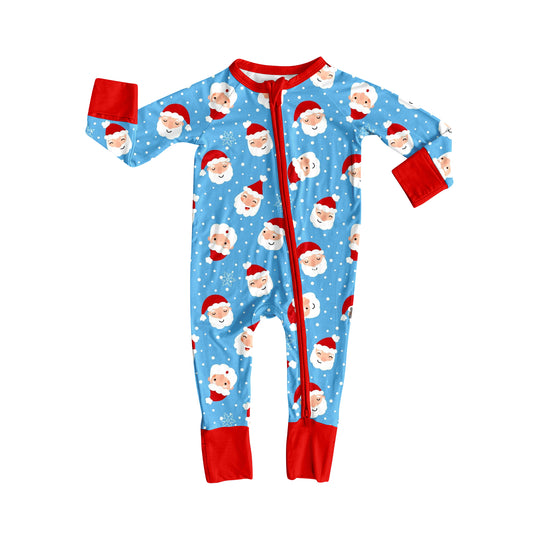 Long sleeves light blue santa baby Christmas zipper romper