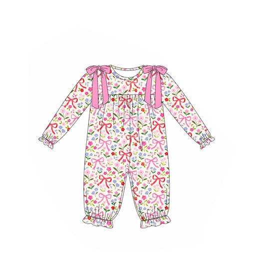 Long sleeves floral pink bow baby girls romper