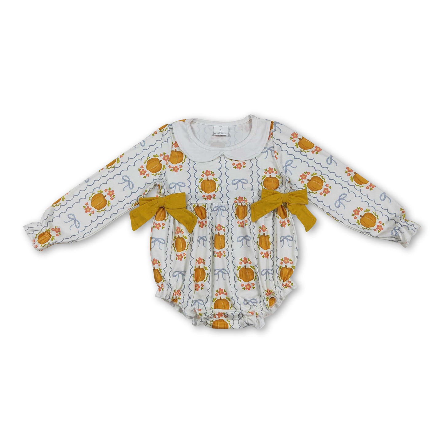 Long sleeves pumpkin floral bow baby girls fall romper