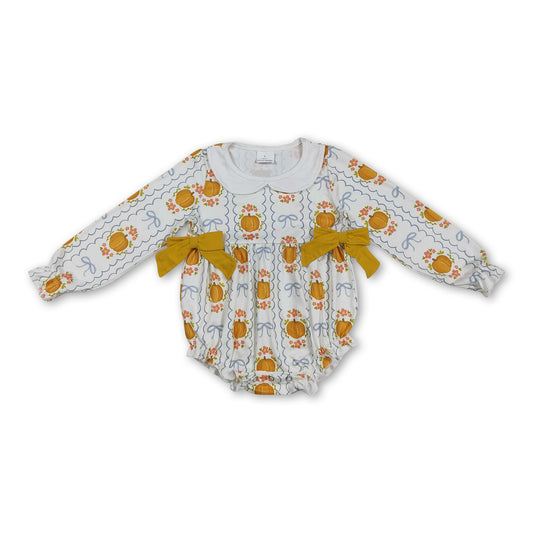 Long sleeves pumpkin floral bow baby girls fall romper