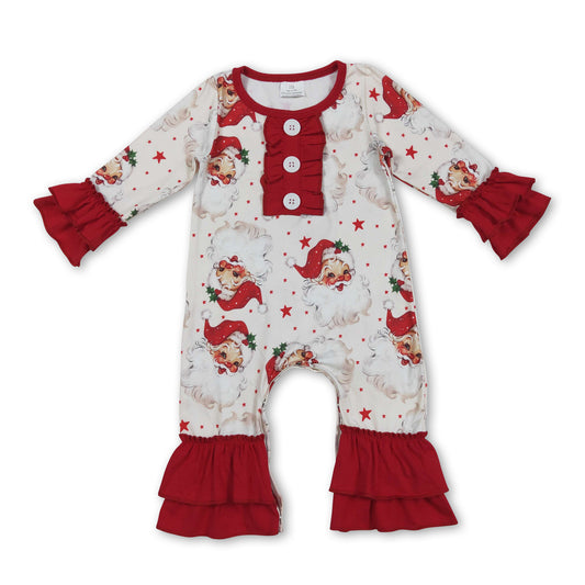 Red ruffle long sleeves santa baby girls Christmas romper