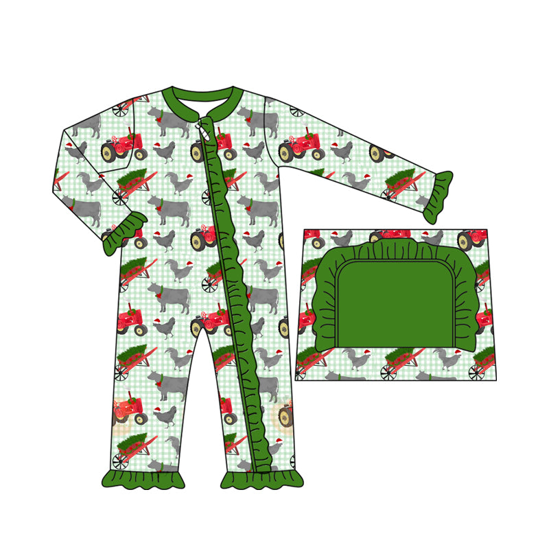 Green Christmas tree pig chicken cow baby girls zip romper