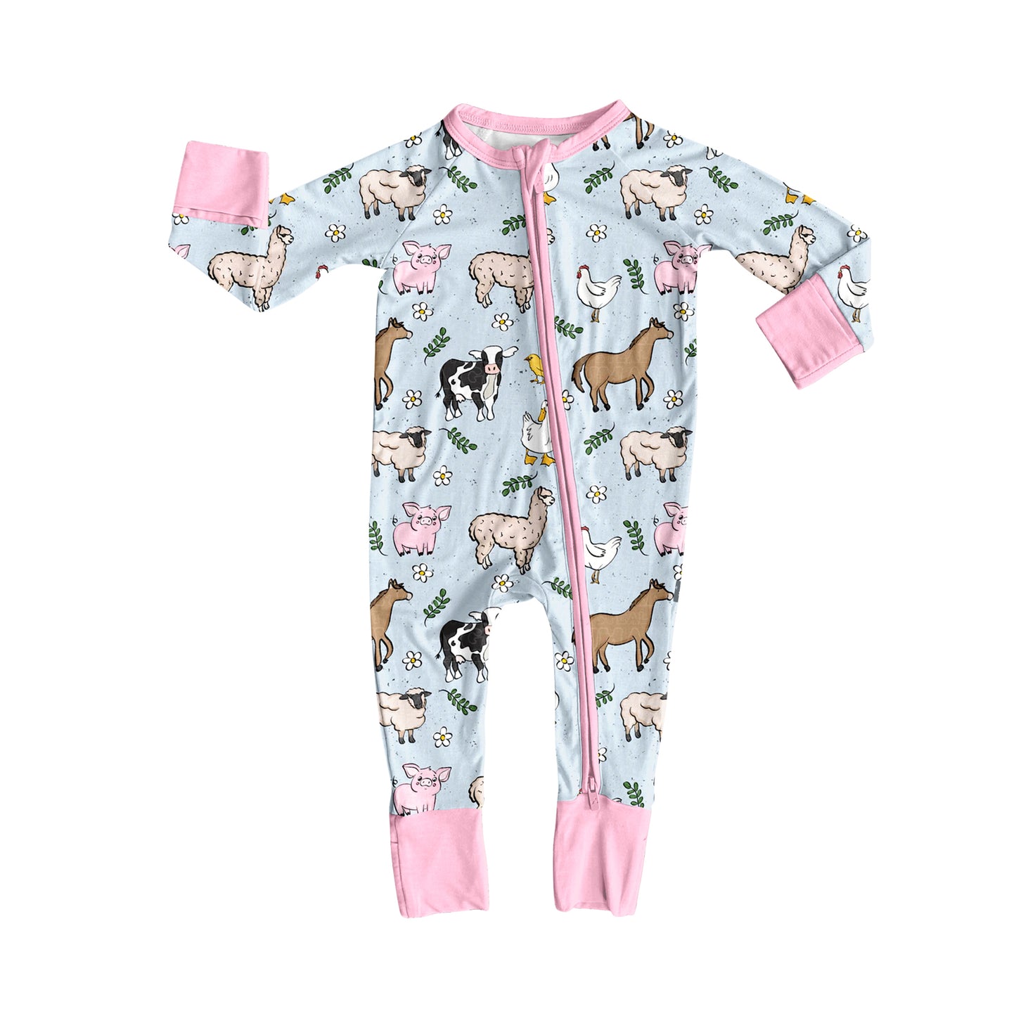 Pink pig chicken cow farm baby girls zipper romper