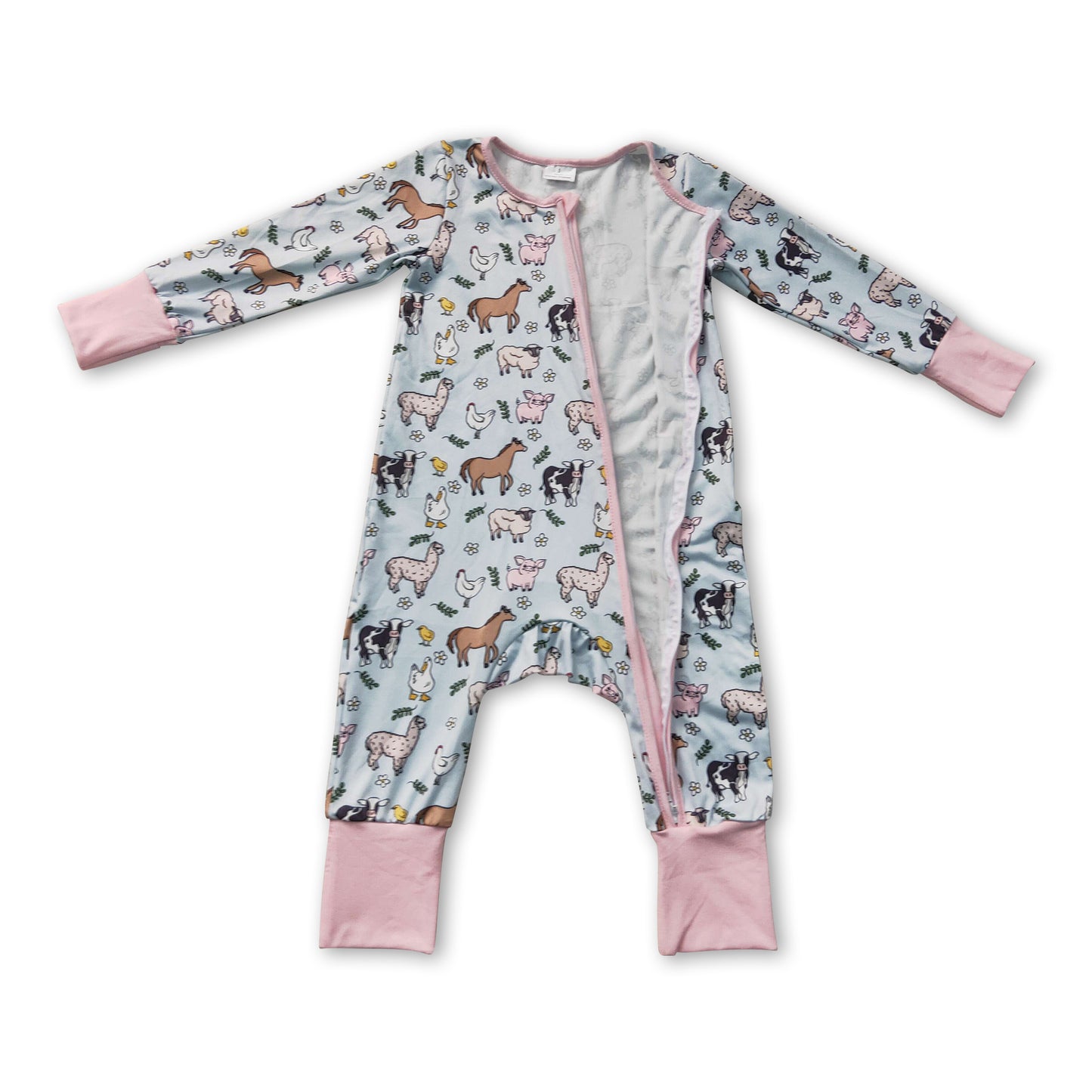 Pink pig chicken cow farm baby girls zipper romper