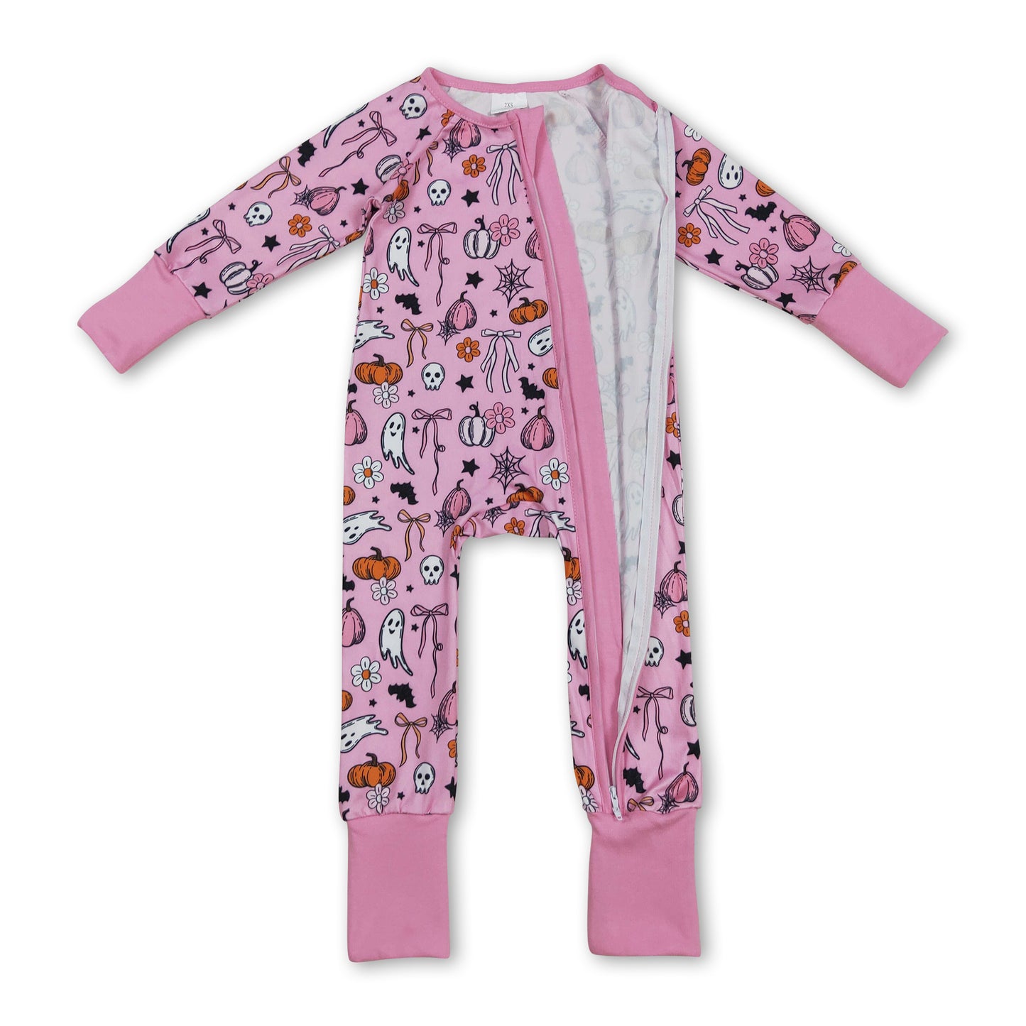 Pink bow pumpkin ghost baby girls Halloween zipper romper ship from US