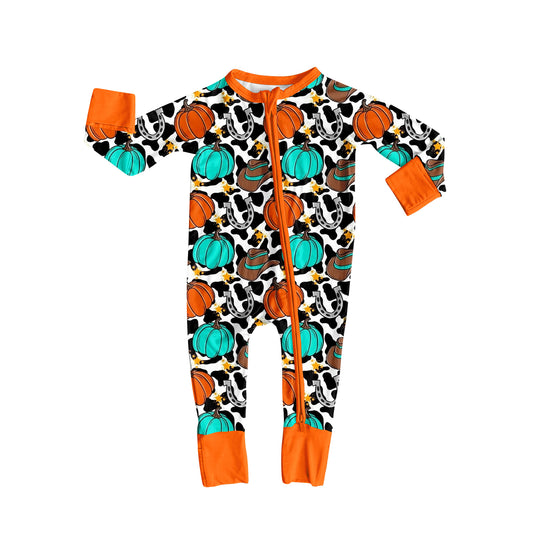 Orange pumpkin cow print baby kids fall zipper romper