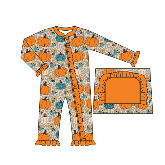Orange ruffle leopard pumpkin baby girls fall zipper romper