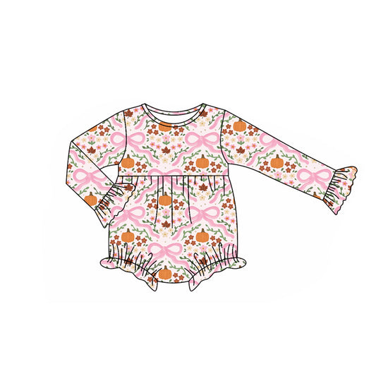 Long sleeves pink bow floral baby girls fall romper