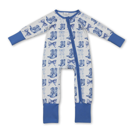 Light blue bow boots western baby girls zipper romper