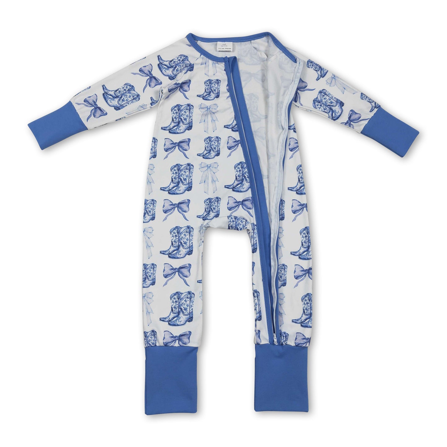 Light blue bow boots western baby girls zipper romper