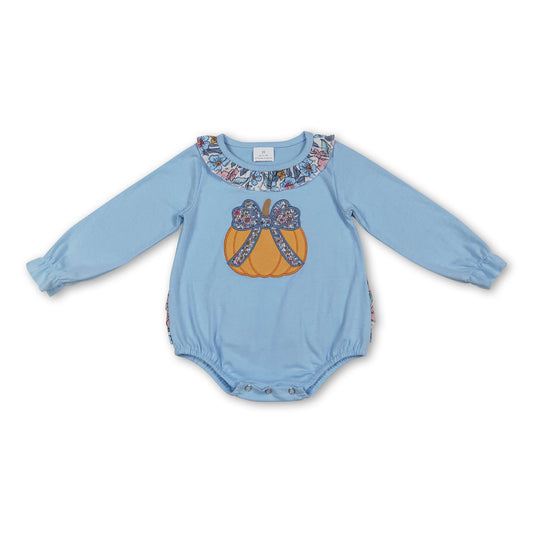 Long sleeves floral bow pumpkin ruffle girls fall romper
