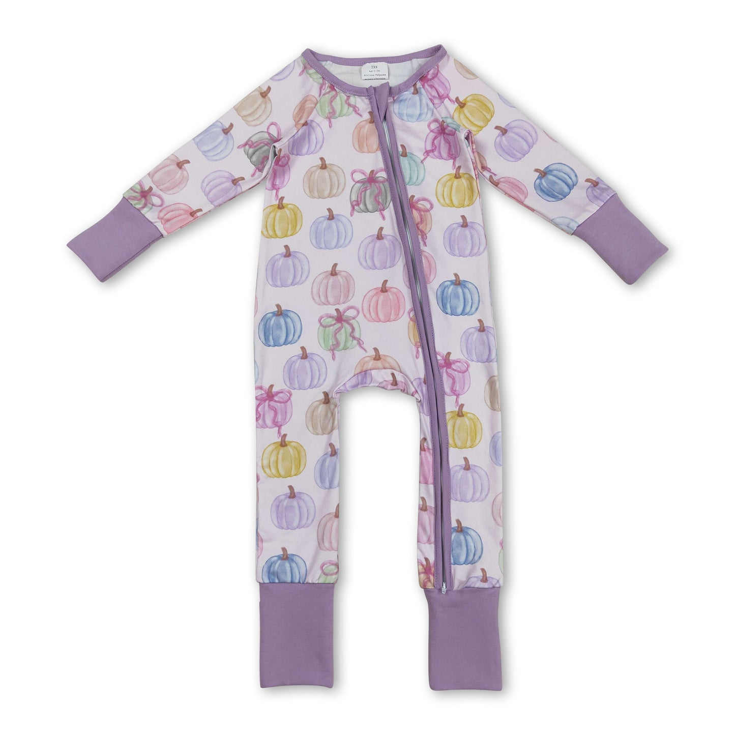 Long sleeves colorful pumpkin bow baby girls fall zip romper