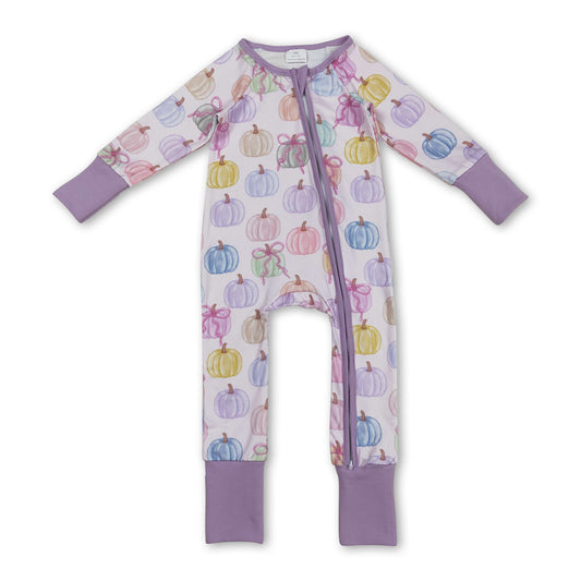 Long sleeves colorful pumpkin bow baby girls fall zip romper
