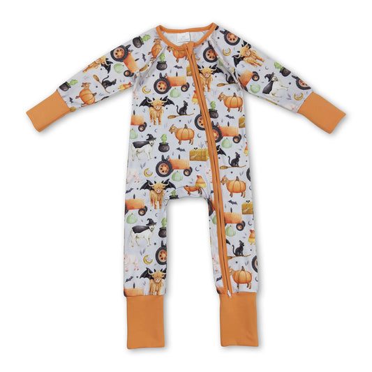 Cow pumpkin bat tractor farm baby boy Halloween zip romper ship from US