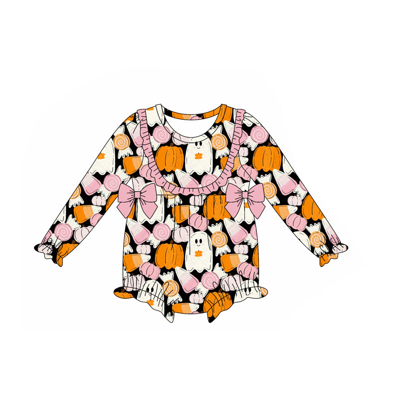 Long sleeves candy corn ghost baby girls Halloween romper