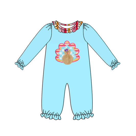 Light blue long sleeves turkey baby girls Thanksgiving romper
