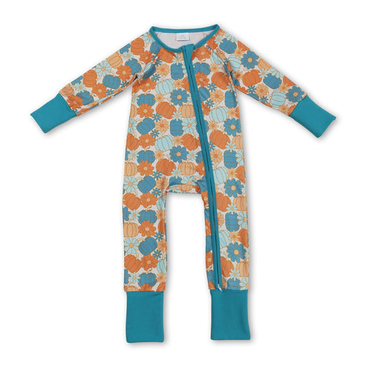 Long sleeves teal pumpkin floral girls fall zipper romper